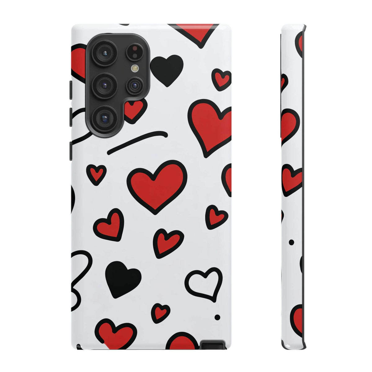 Hearts phone case with red and black heart shapes on white, showing side buttons and camera area