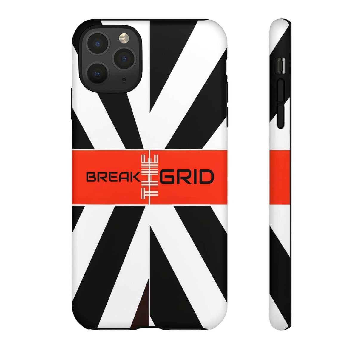 Phone case with black-and-white geometric stripes, red "Break Grid" band, front and side view.