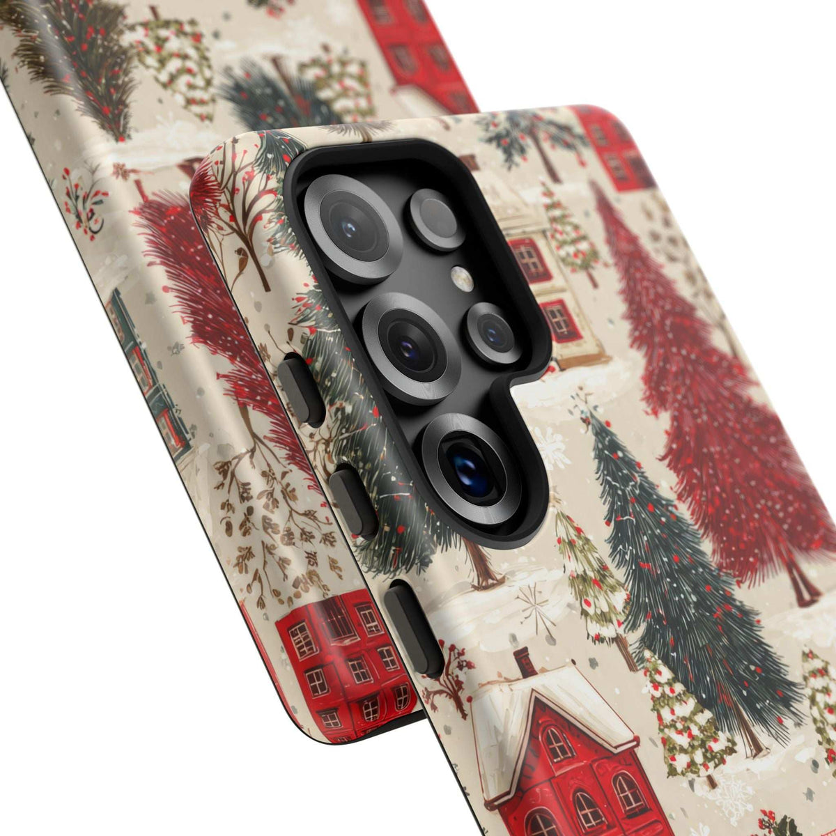 Winter village phone case close-up of camera module cutouts and decorated trees
