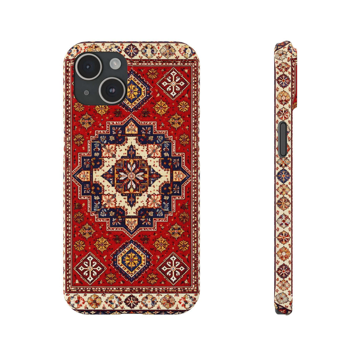 Phone case with red carpet-style pattern; front camera cutouts and narrow side view