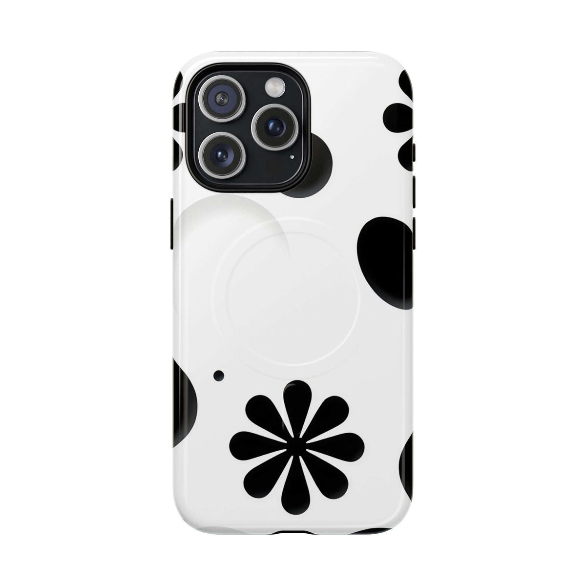 White phone case with black flower and dot pattern, triple-lens camera cutout