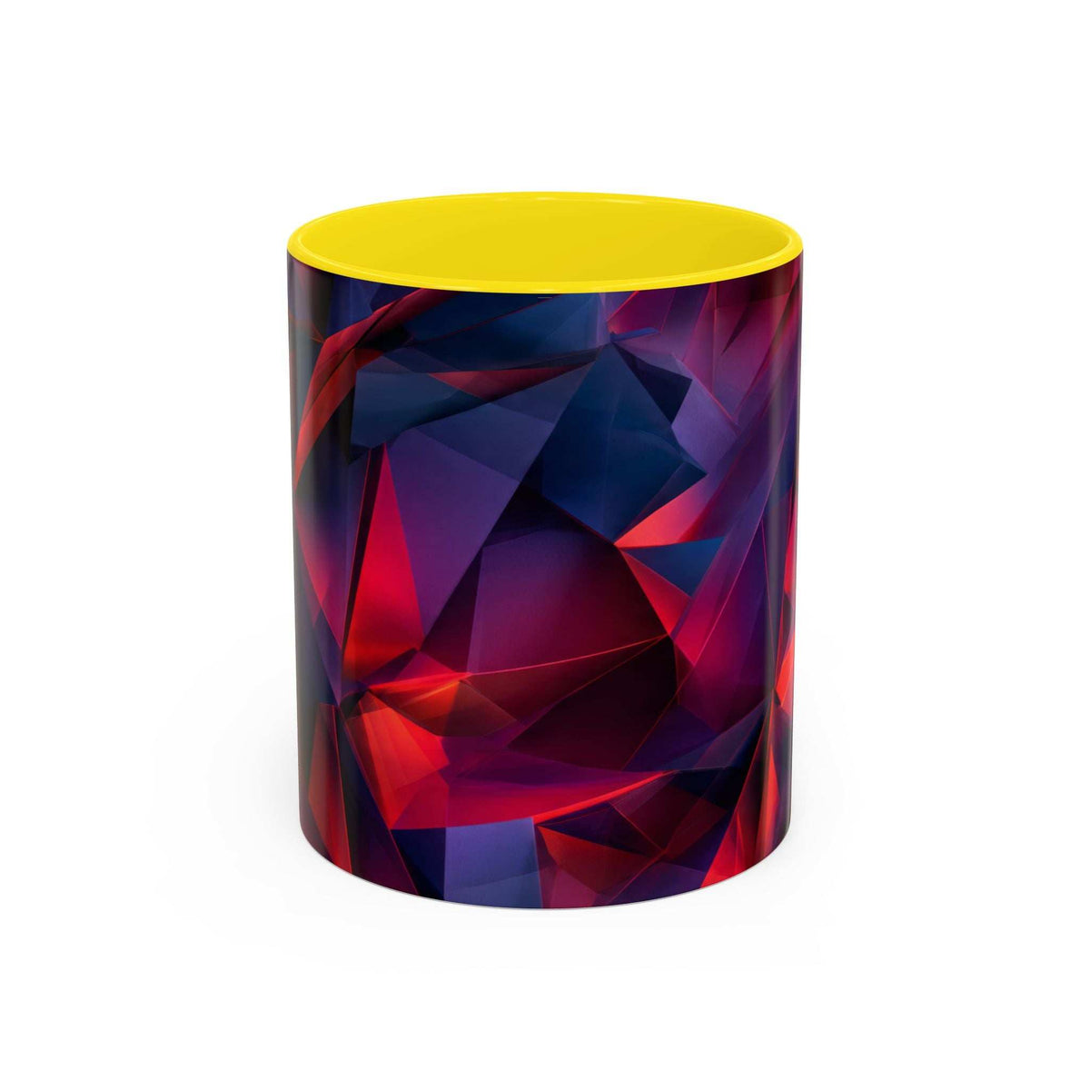 Ceramic coffee mug with geometric red and blue abstract pattern, yellow rim