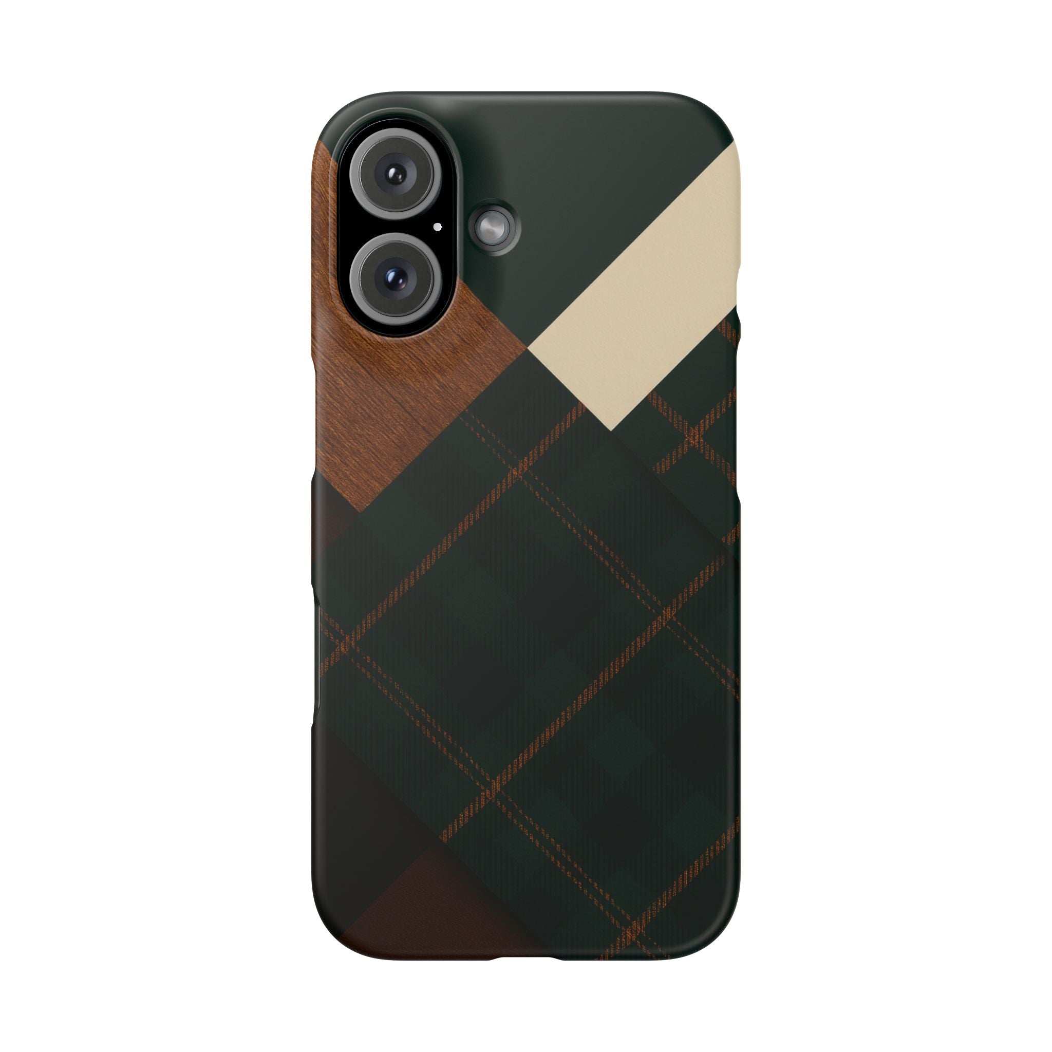 Phone case with dark green tan and plaid pattern; dual camera cutouts on back