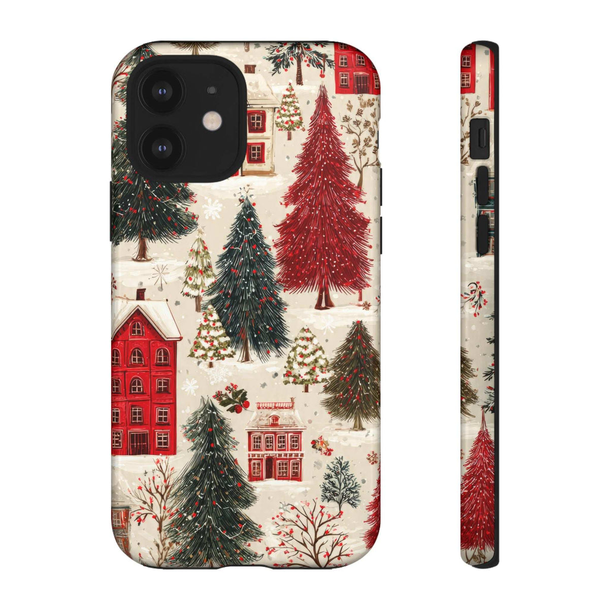 Winter village phone case with red town buildings and pine trees, black camera cutout, back view