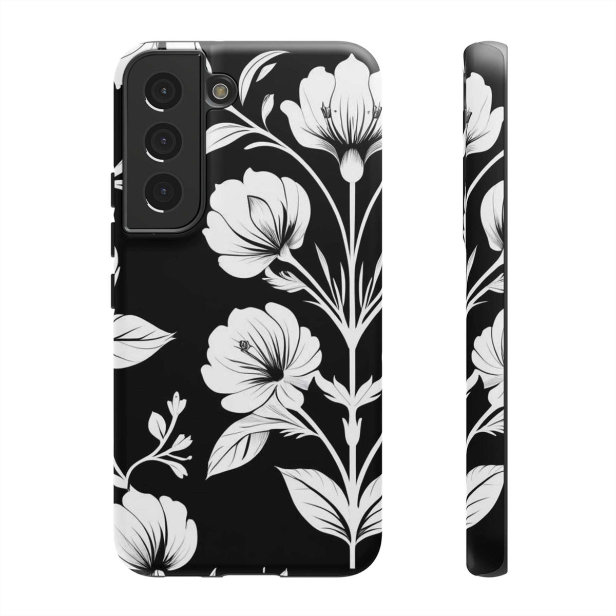 Black phone case with white floral pattern, back and side views with camera cutouts