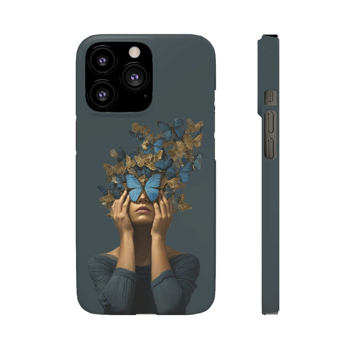 Dark gray phone case with gold-and-blue butterfly face art; camera cutouts and side controls.