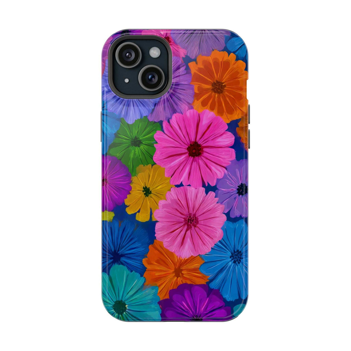 Colorful floral phone case featuring bright blue, green, yellow, and pink flower design