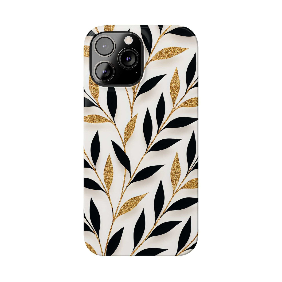 White phone case with black foliage and gold glitter leaf pattern, raised camera area