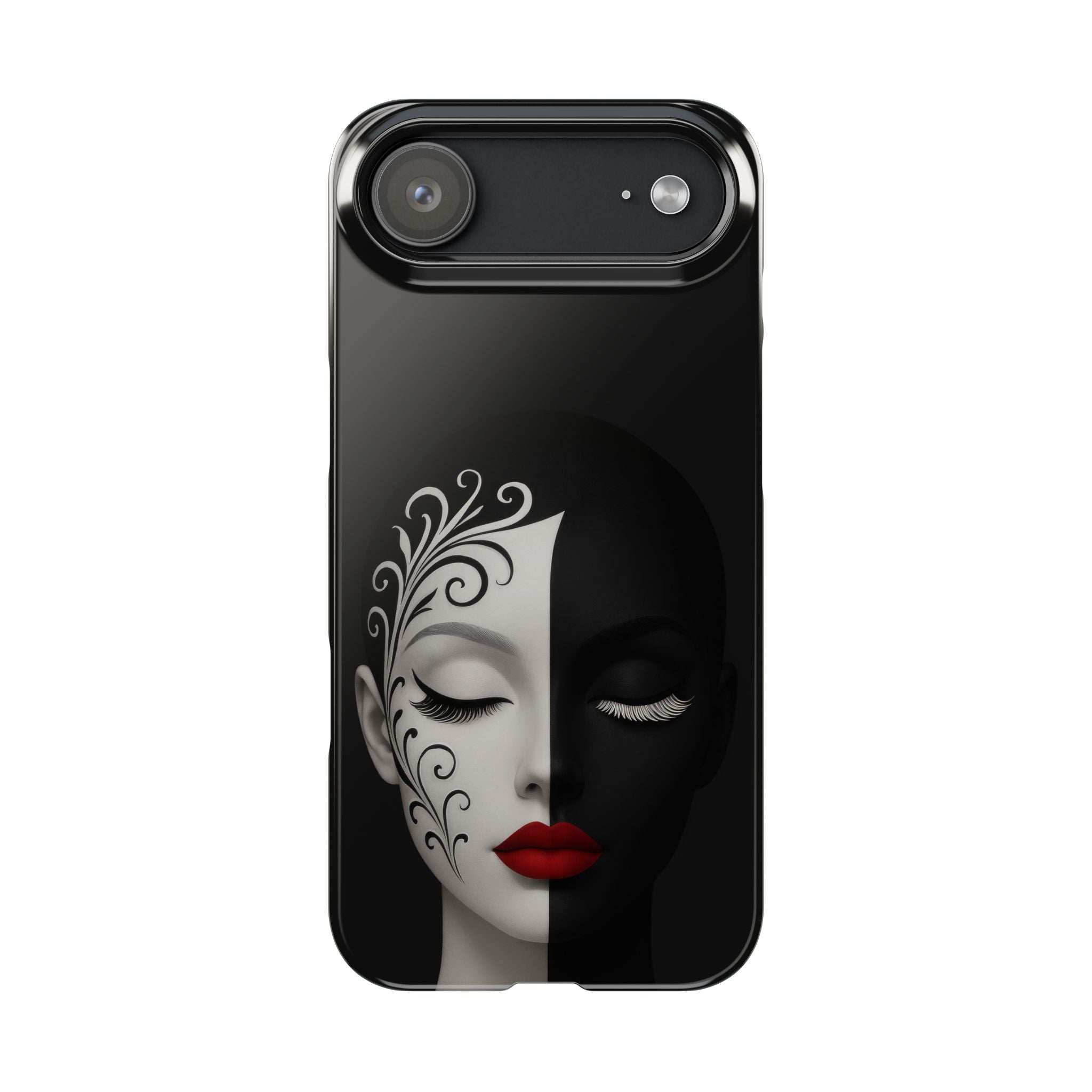 Black phone case with split-face portrait, closed eyes, red lips, and ornate swirl motif