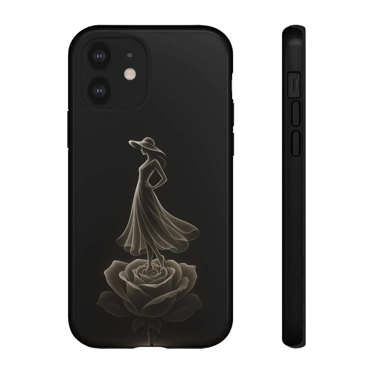 Black glossy phone case with lady and rose design; back view with camera cutouts