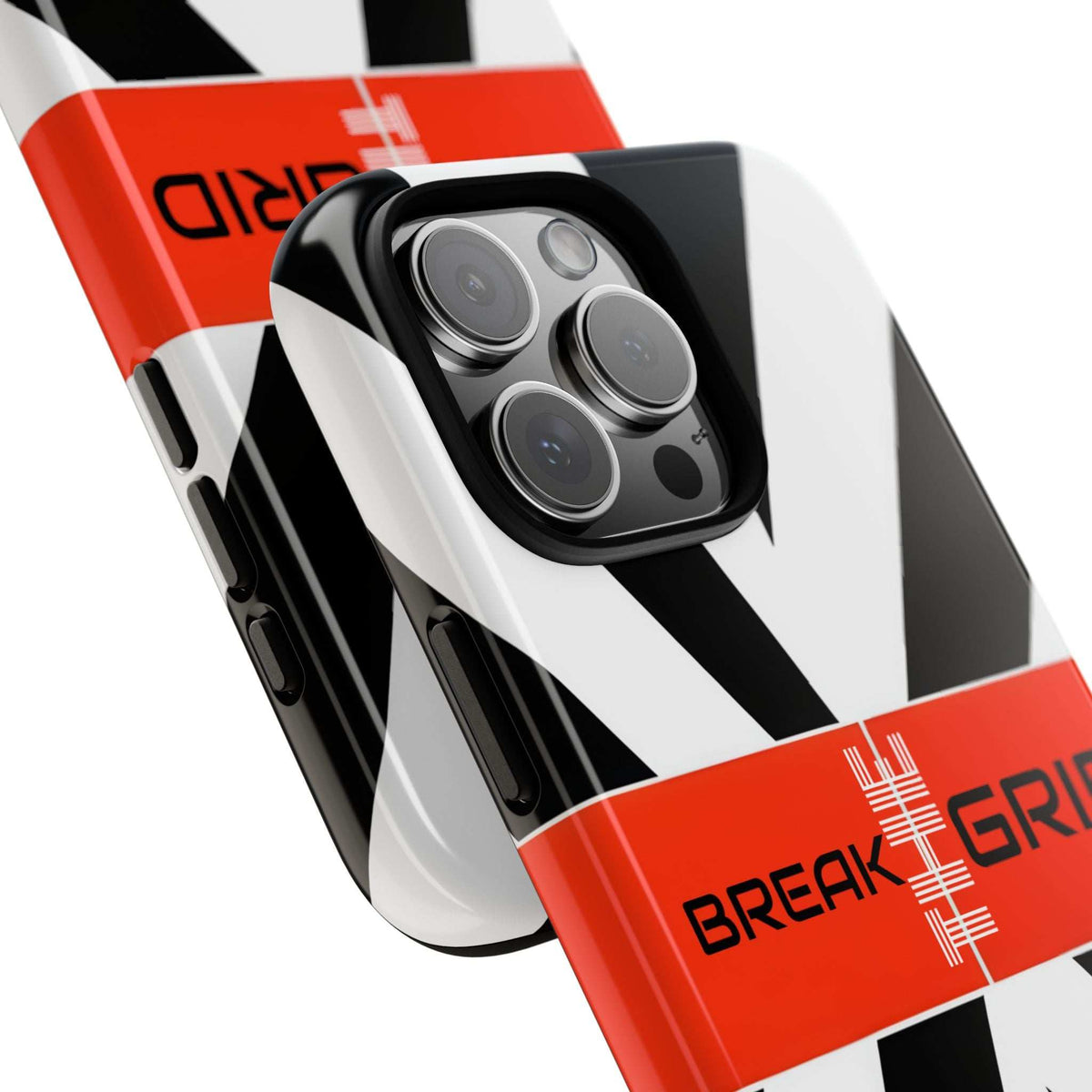 Break Grid phone case close-up of camera area, black-and-white stripes with orange logo band