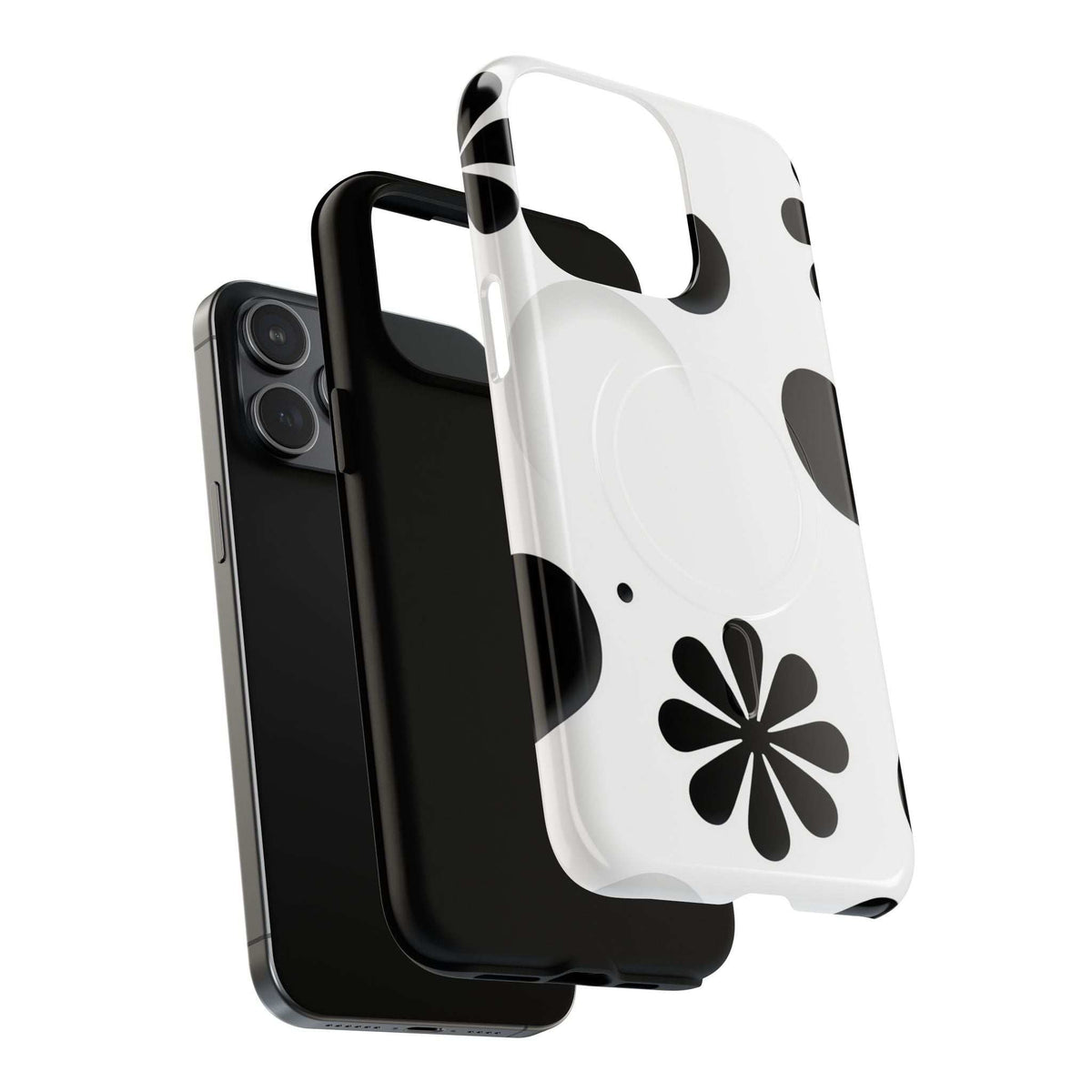 Protective phone case, white with black flower and dot design, close angled front