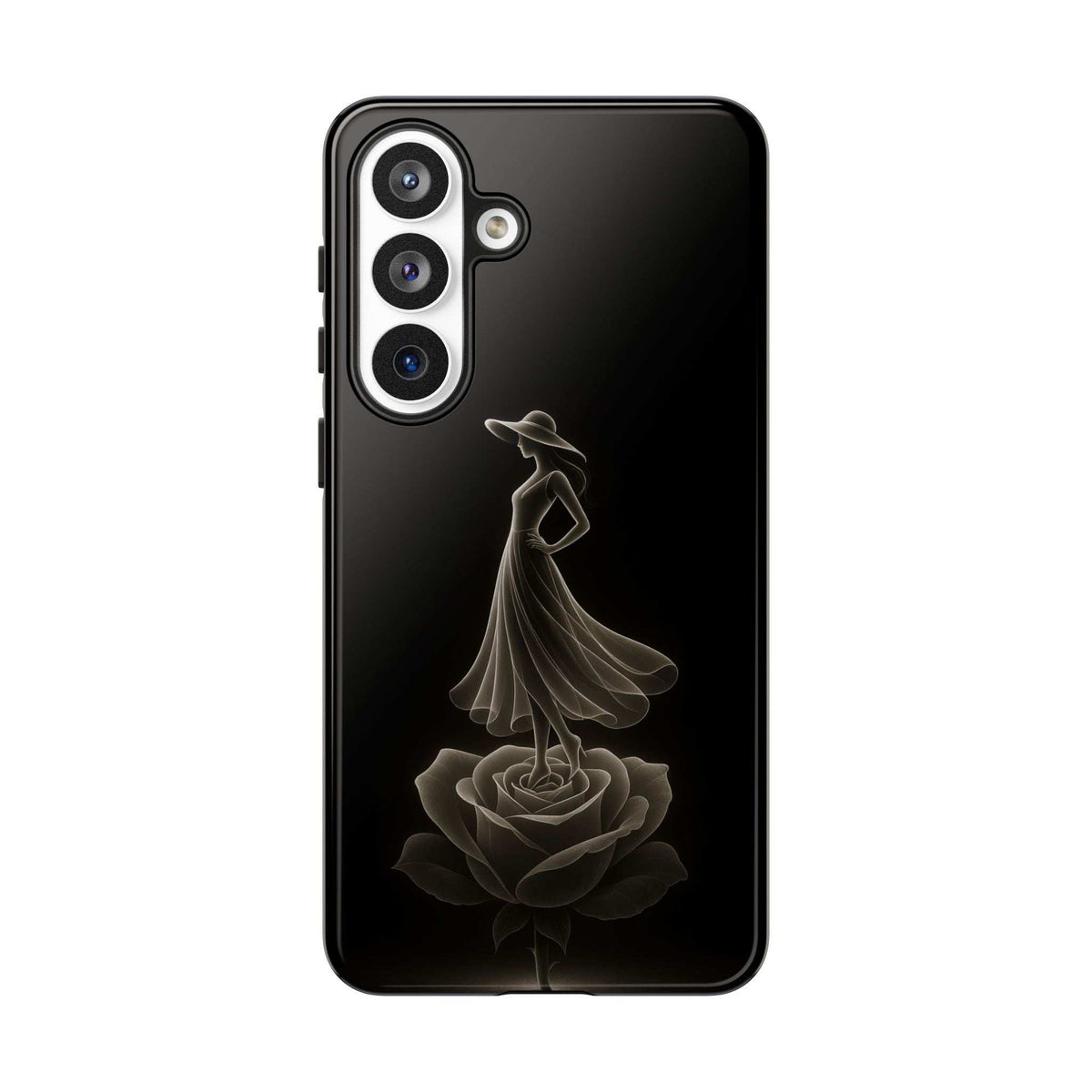 Glossy black phone case with ballet dancer and rose graphic, rear camera cutouts.