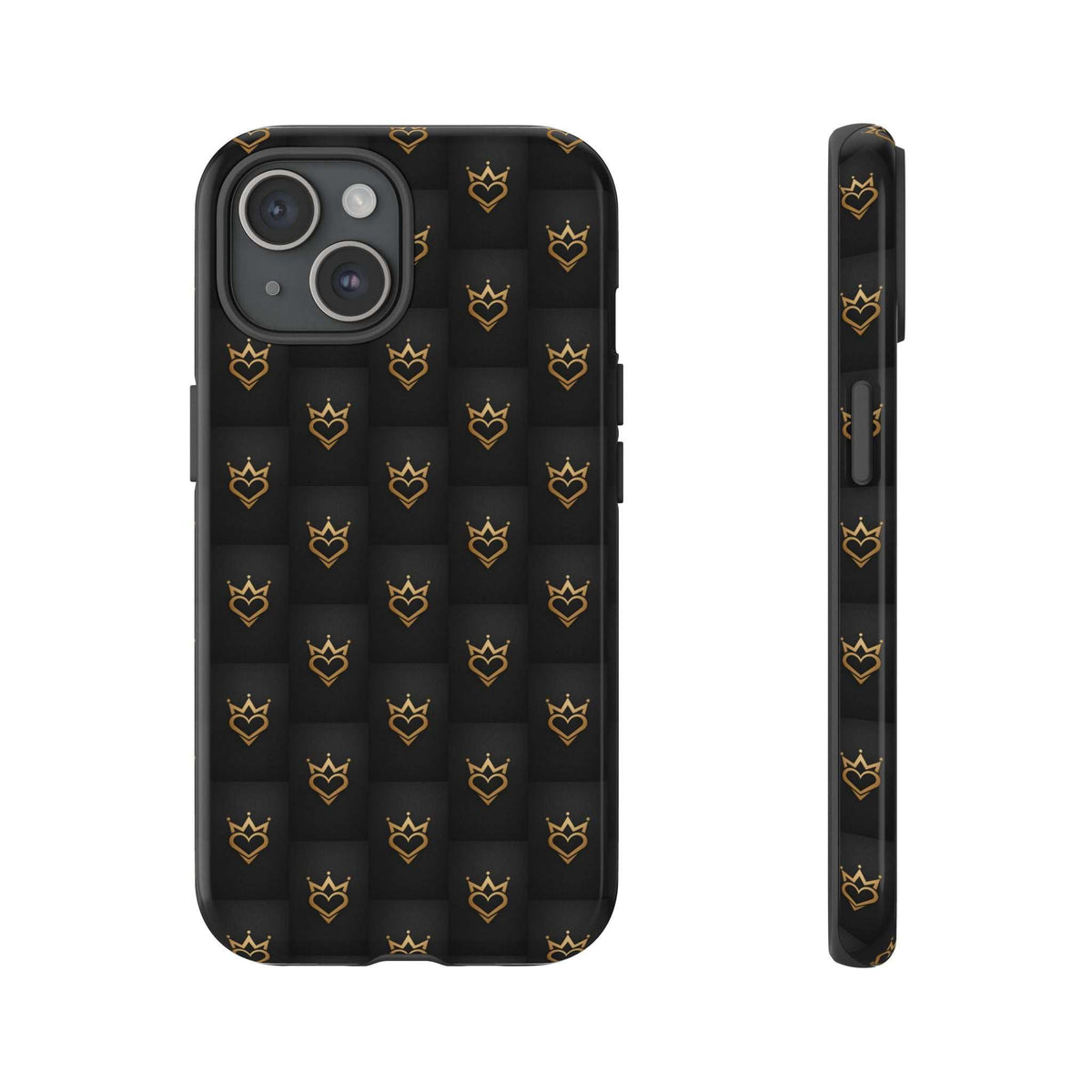 Glossy black phone case with crowned heart doodle pattern, back view and slim side strip