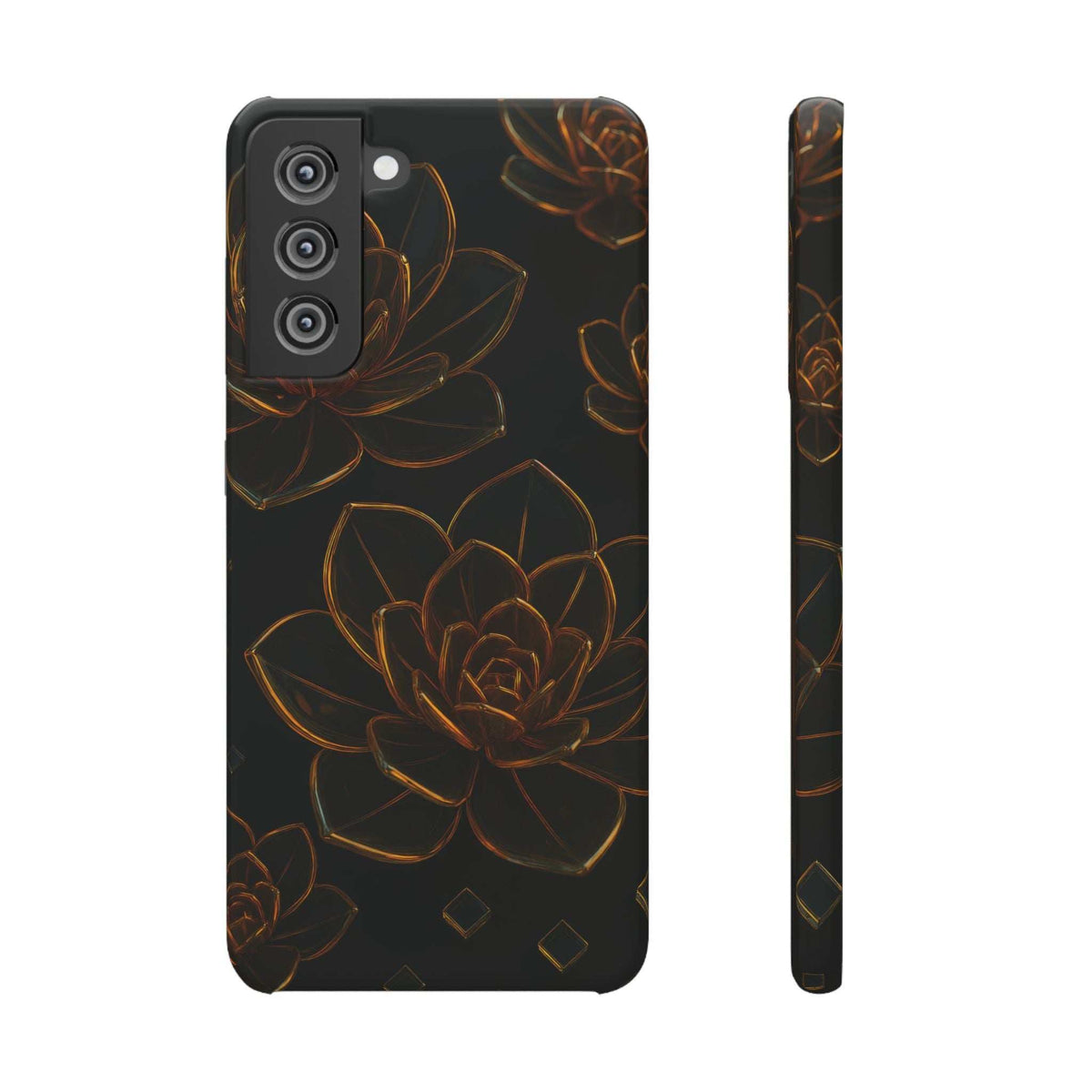 Glossy black glass phone case with gold lotus line art, raised camera cutouts
