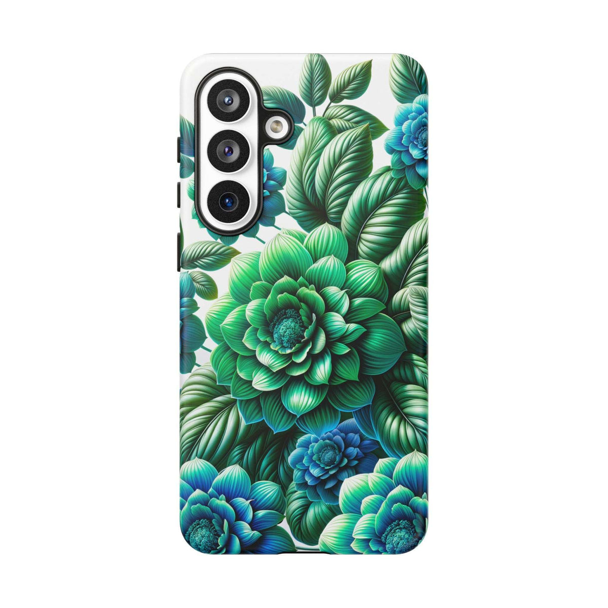 Floral phone case with green and blue flower pattern, side view with camera module cutout