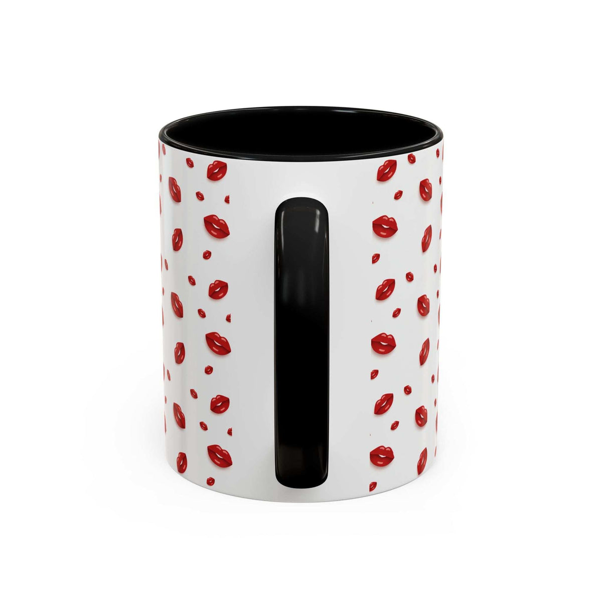 Accent coffee mug with hot lips pattern and tall black lip panel, black rim