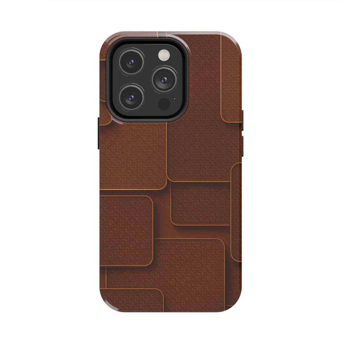 Brown textured phone case with camera cutout and geometric molded panel pattern