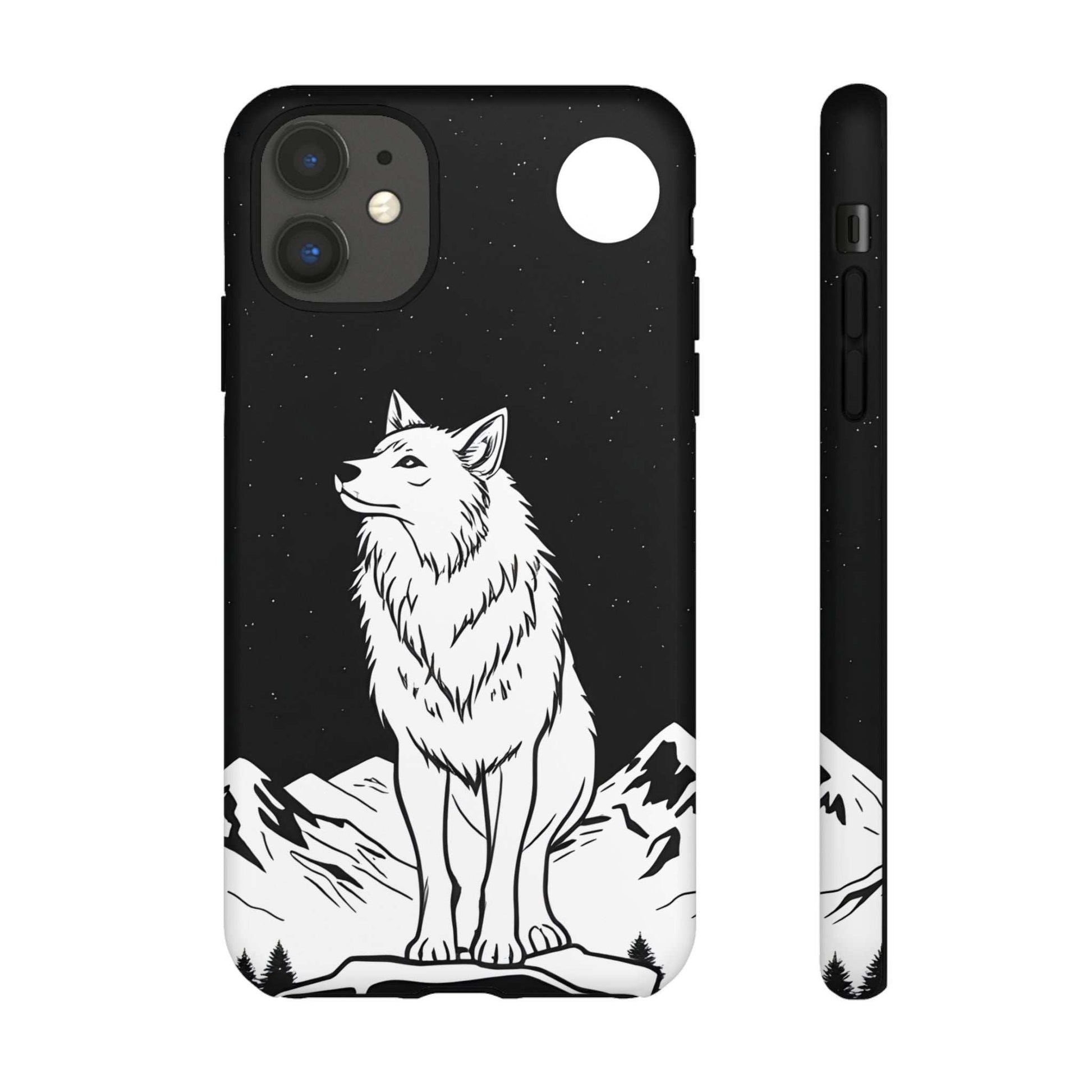 Black phone case with white wolf illustration, star speckles, and visible side buttons
