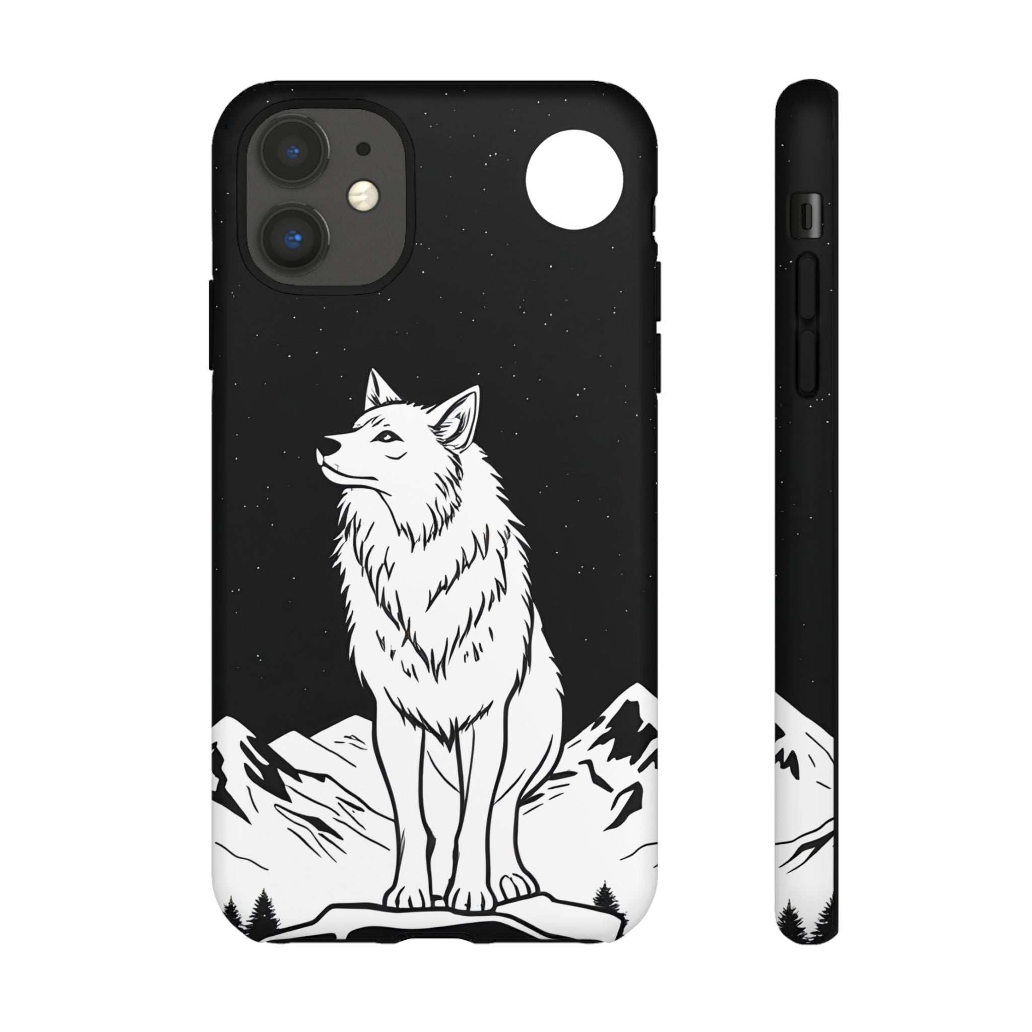 Black phone case with white wolf illustration, star speckles, and visible side buttons