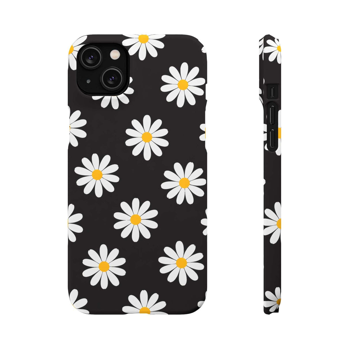 Black phone case with white daisies and yellow centers, front view with camera lenses