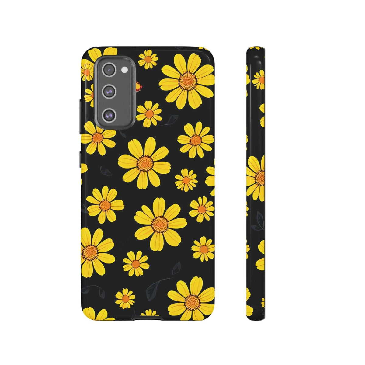 Phone case with black background and yellow daisy floral pattern, corner bumper and camera cutout