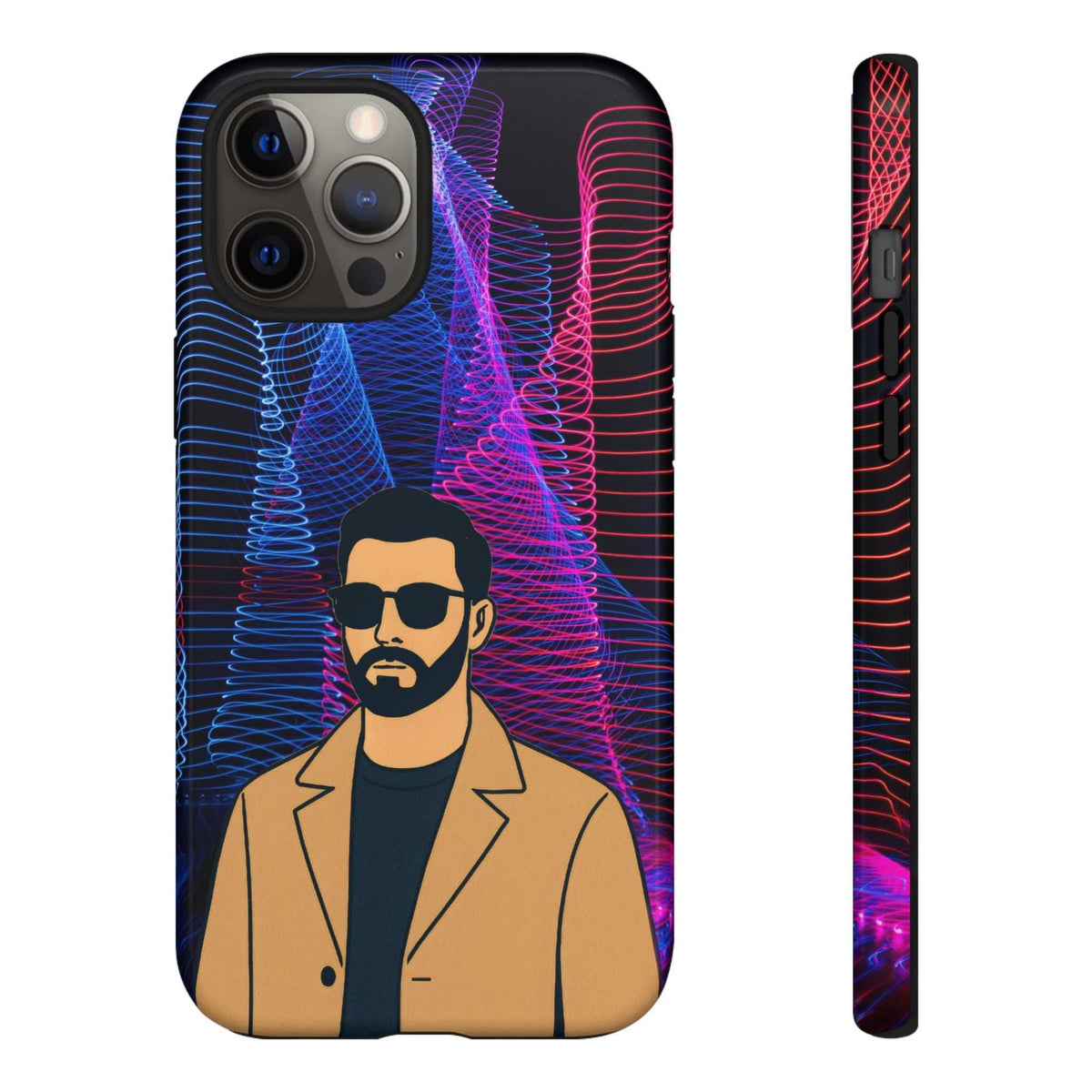 Glossy phone case with bearded man portrait and neon blue/pink wavy line artwork