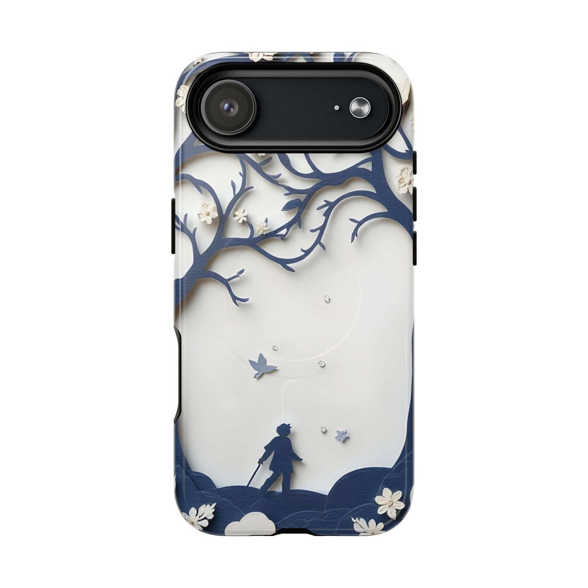 Nature silhouette phone case for iPhone 13-17 with horizontal camera cutout and blue branches
