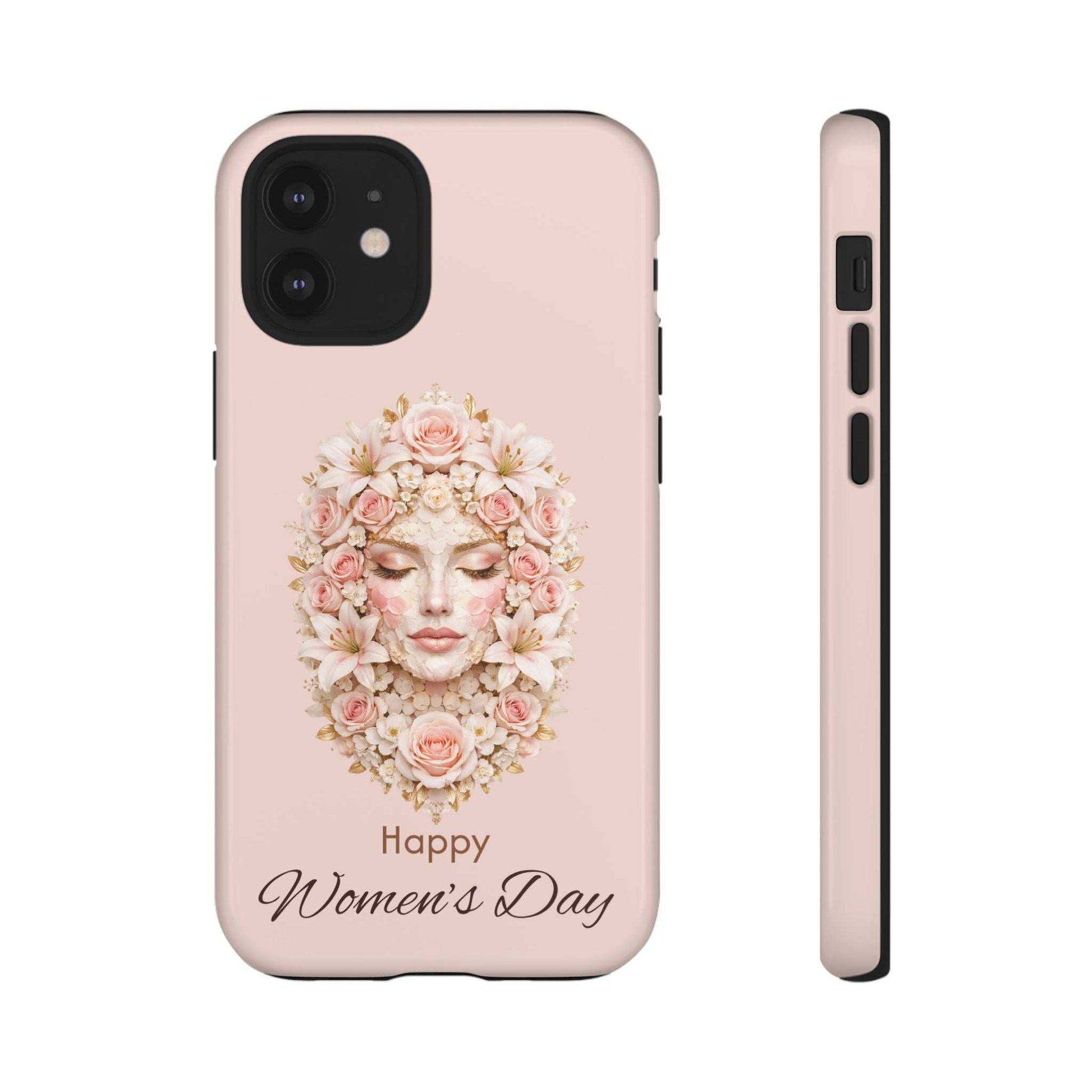 Pink iPhone phone case with floral woman portrait wreath and “Happy Women’s Day” text