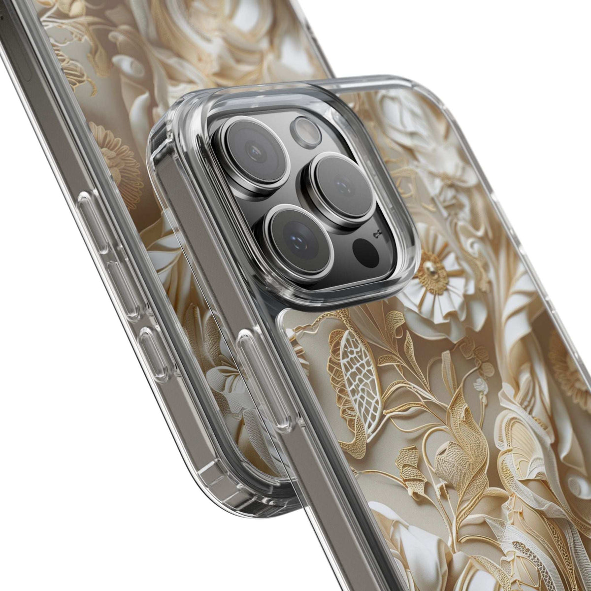 Clear phone case with beige floral 3D pattern and raised camera cutout