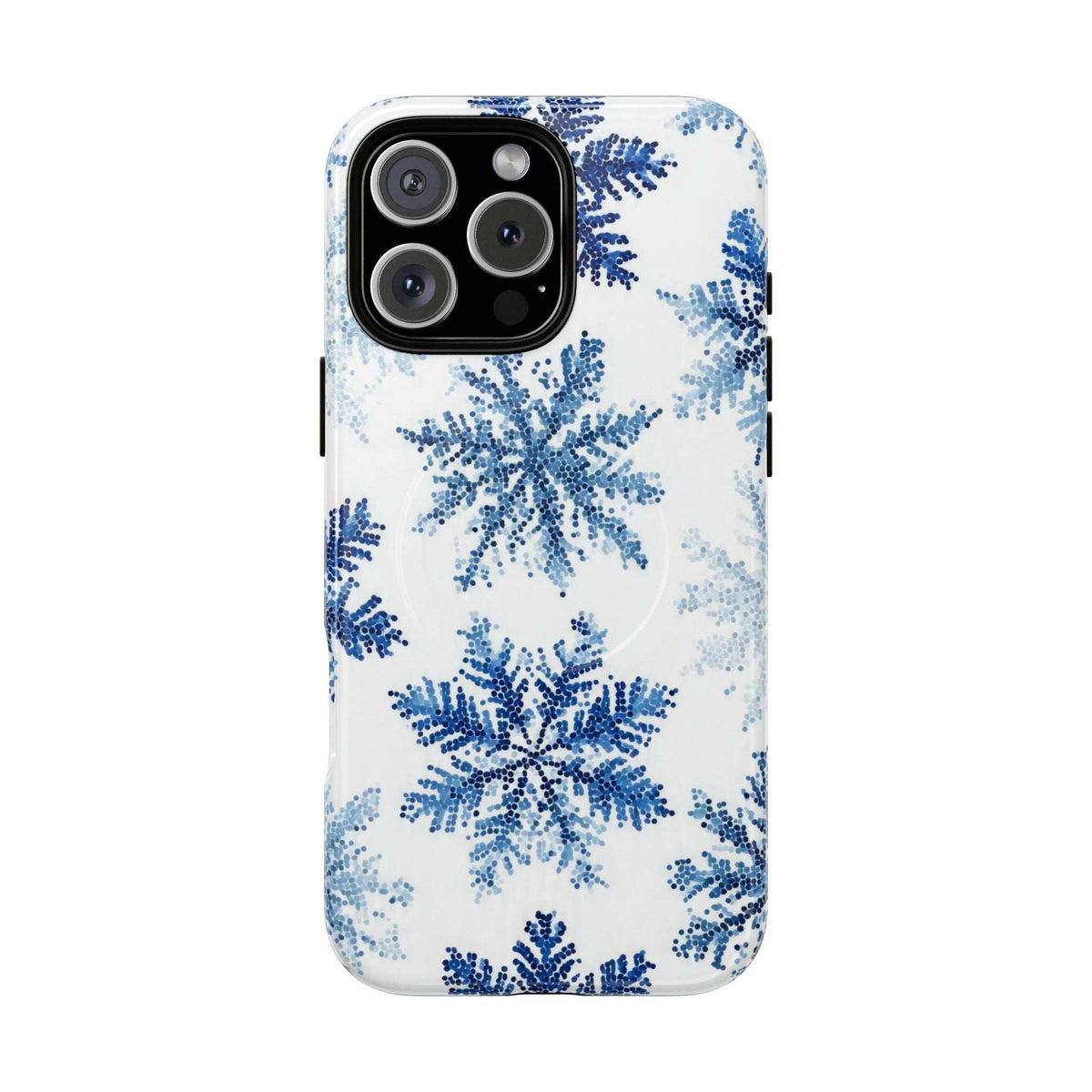 White phone case featuring blue snowflakes, camera cutout for rear lenses
