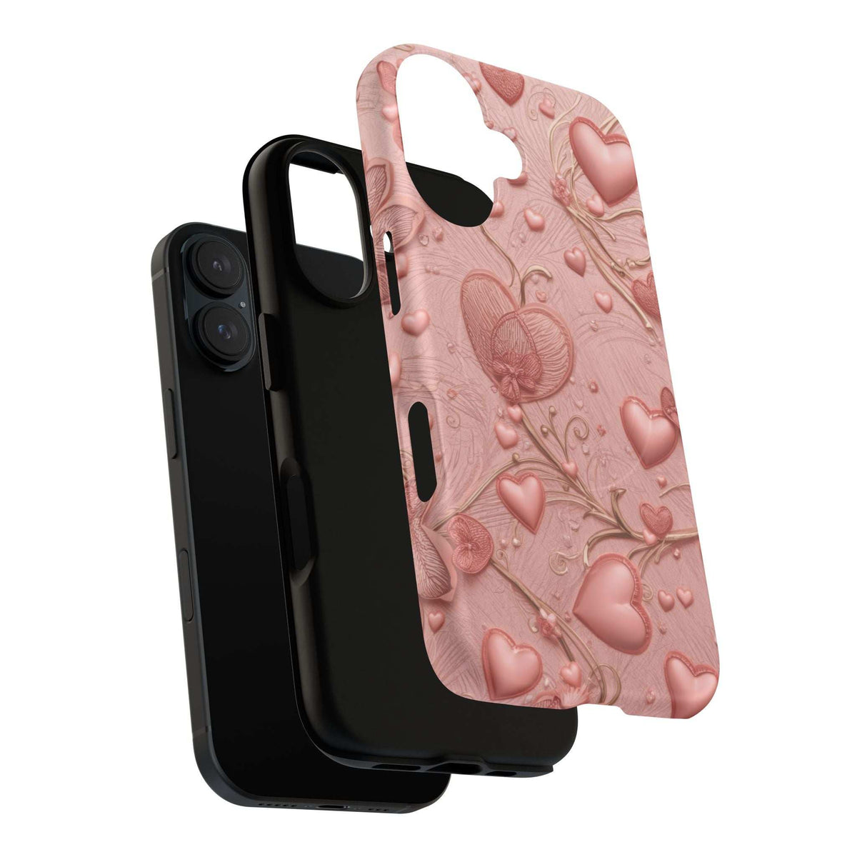 Pink heart and floral embossed phone case with camera and charging cutouts