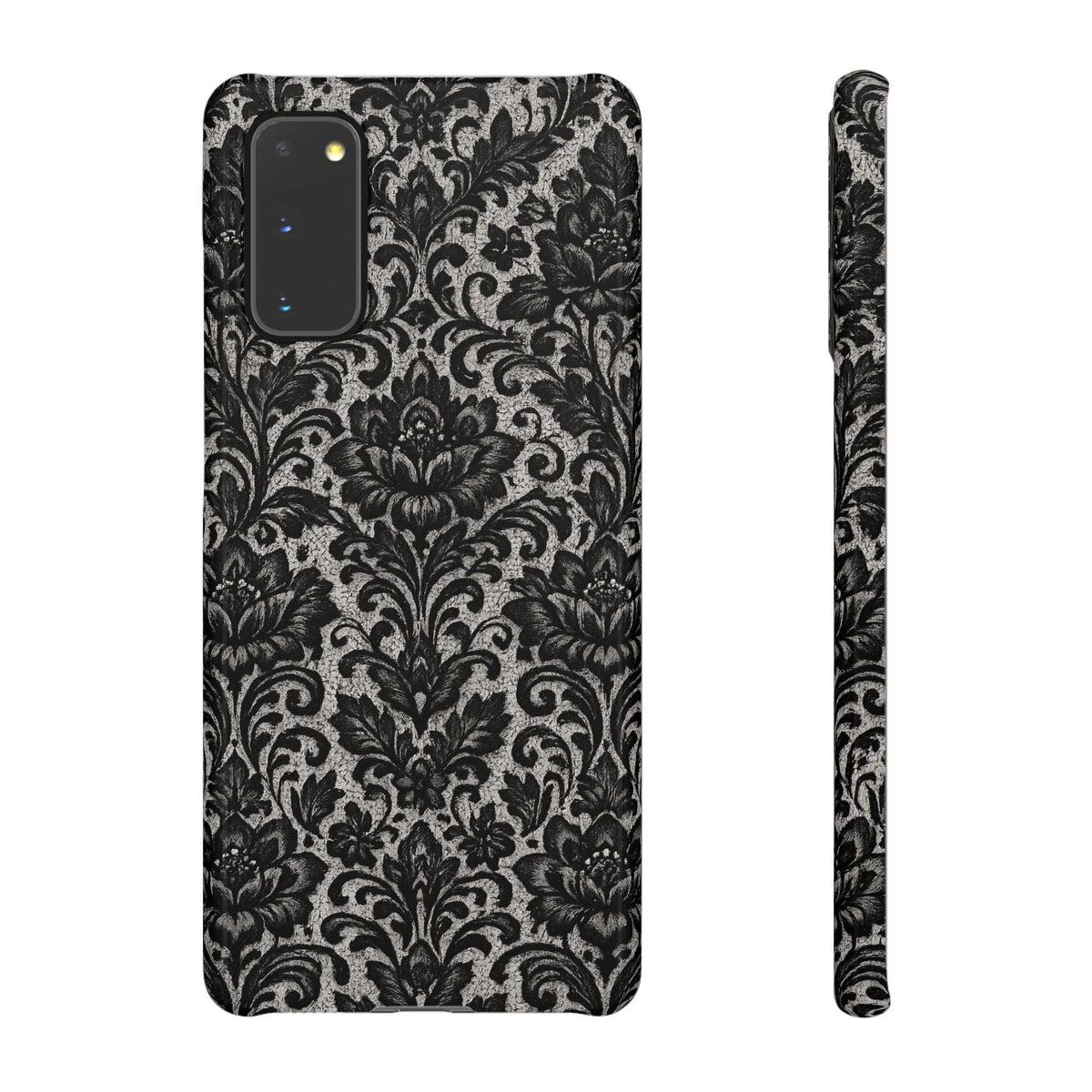 Damask floral phone case with camera opening, black and gray vintage damask pattern