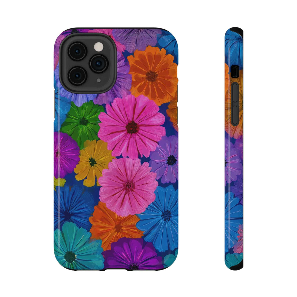 Multicolor floral phone case with black camera cutout, back view