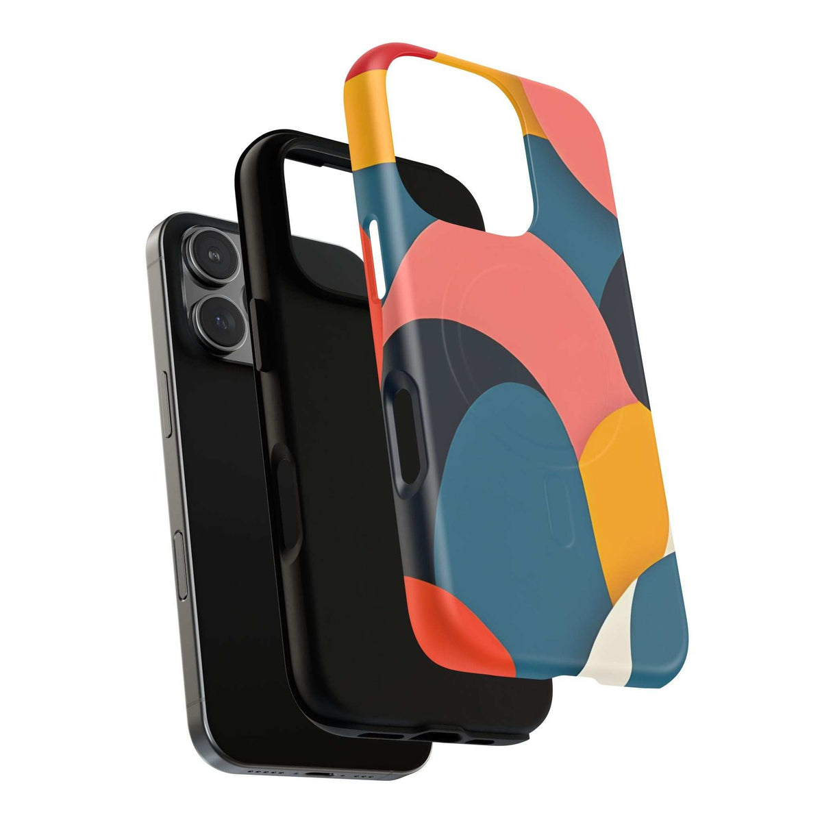 Colorful abstract phone case for iPhone 13-17, glossy surface with side button and camera openings