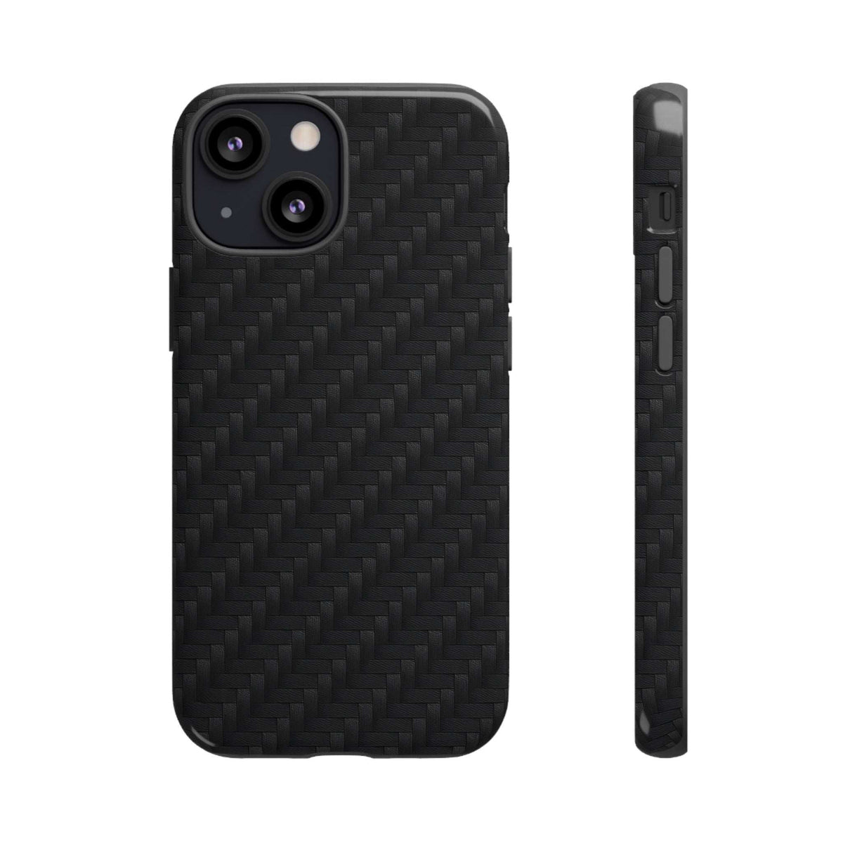 Black carbon fiber phone case with dual camera cutout, glossy finish, front and side