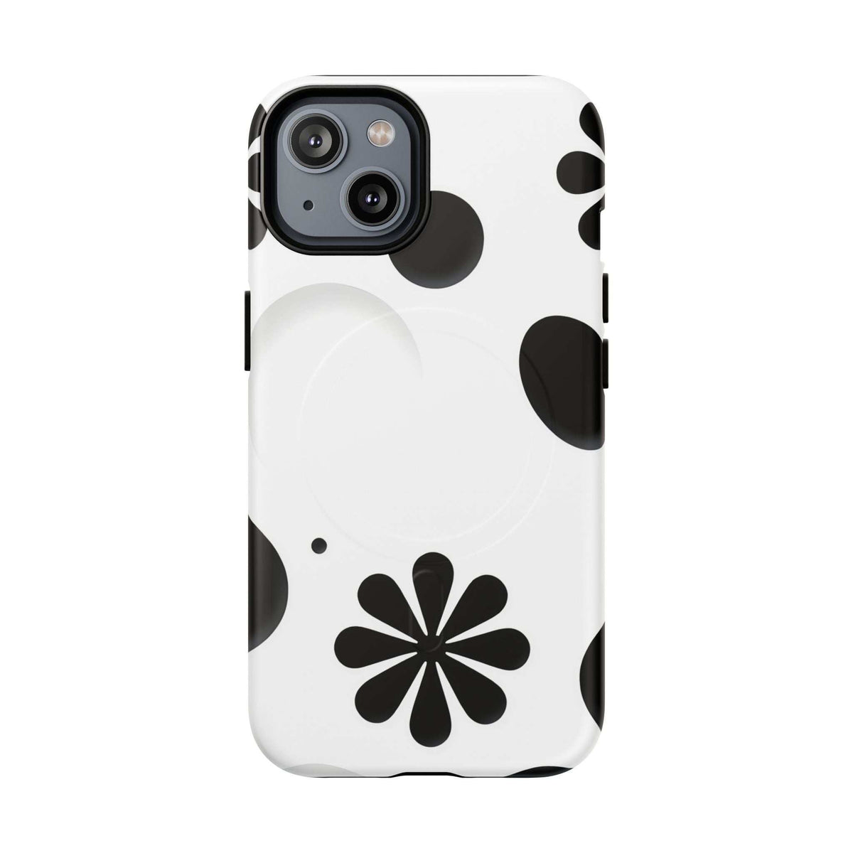 White phone case with black flower and dot pattern, open camera cutout