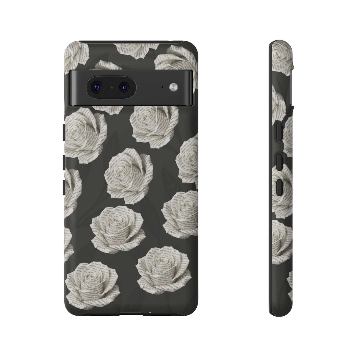 Phone case, black with white rose pattern, dual camera cutout and side buttons
