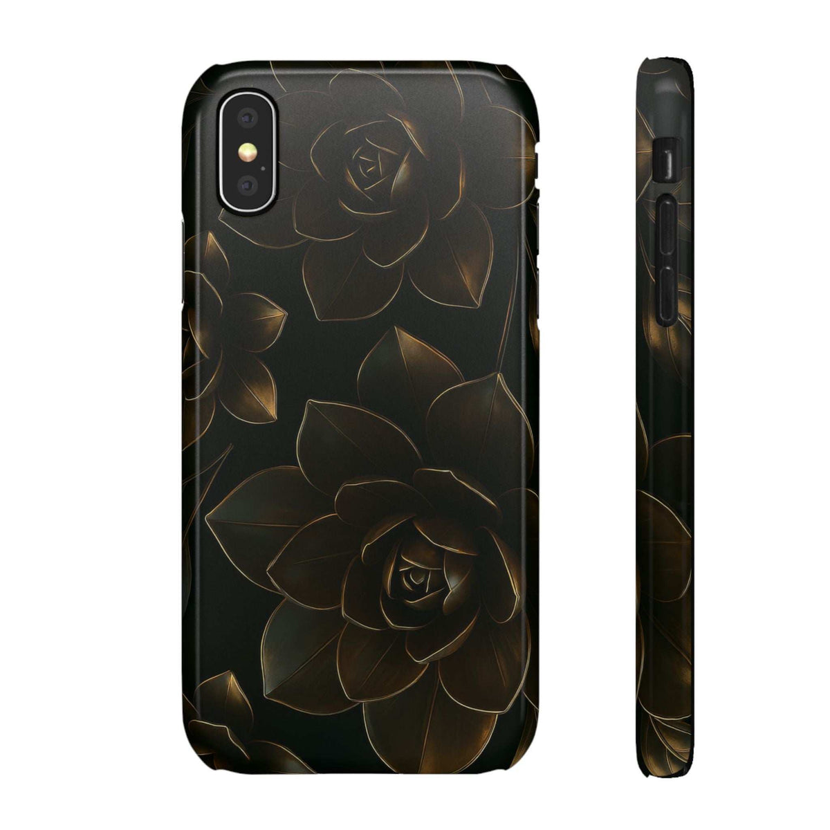 Glossy black phone case with gold rose and leaf metal-flower design, raised camera cutout.