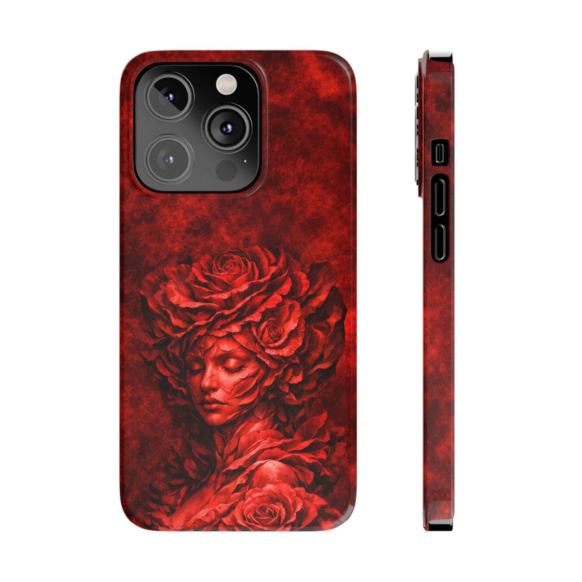 Slim red phone case featuring rose and woman portrait artwork; front camera and sensor cutouts.