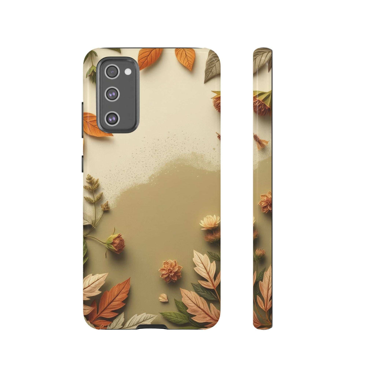 Phone case with autumn leaves pattern and rear camera cutout on a light, beige base