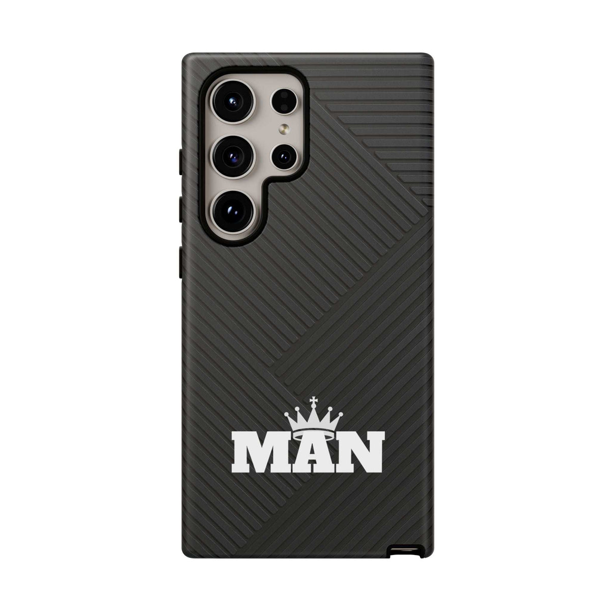 Black phone case with MAN logo, textured diagonal lines, raised camera protection