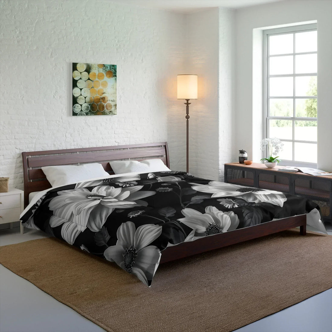 Dark Floral Comforter – Gray and White Flowers on Black - KarArmDesign