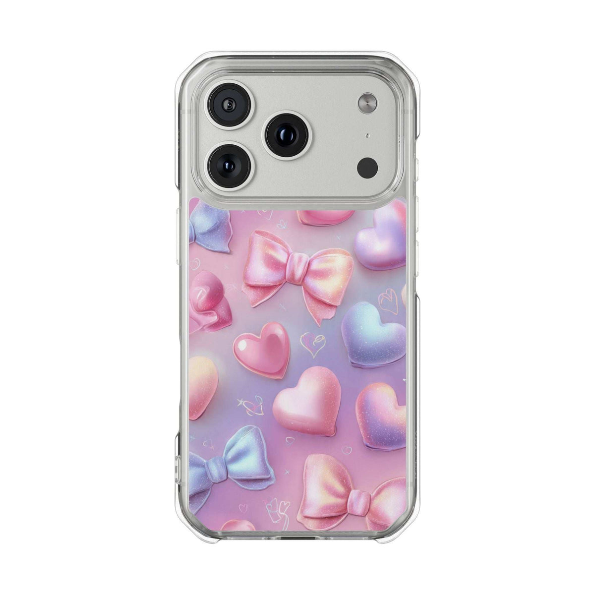Transparent back phone case with pastel hearts and bows, camera lens cutouts