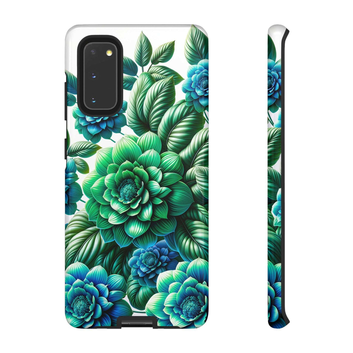 Green and blue floral phone case showing side cutout and raised camera module