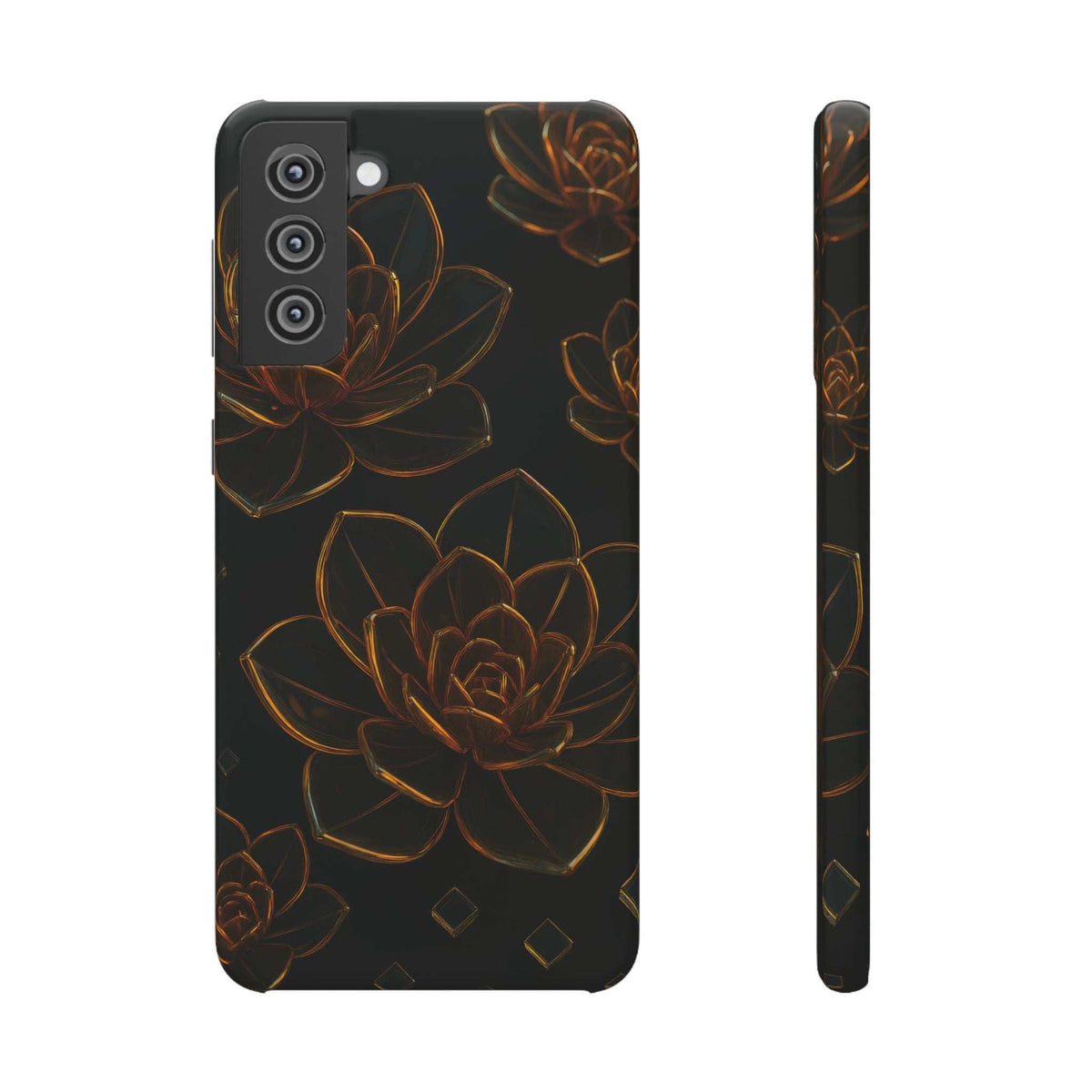 Glossy black glass phone case with gold lotus floral line art and camera module