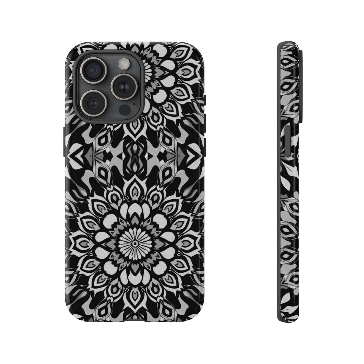 Black and white mandala phone case, front view with camera lenses and flash openings