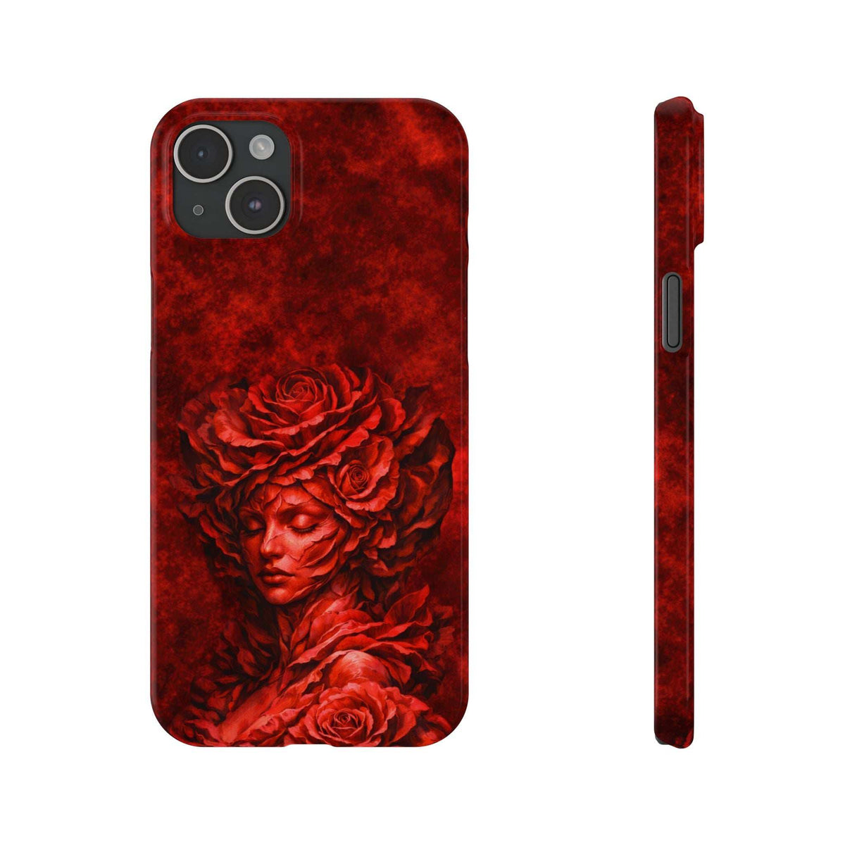Slim red phone case with roses and woman face illustration; side buttons and port cutouts shown.