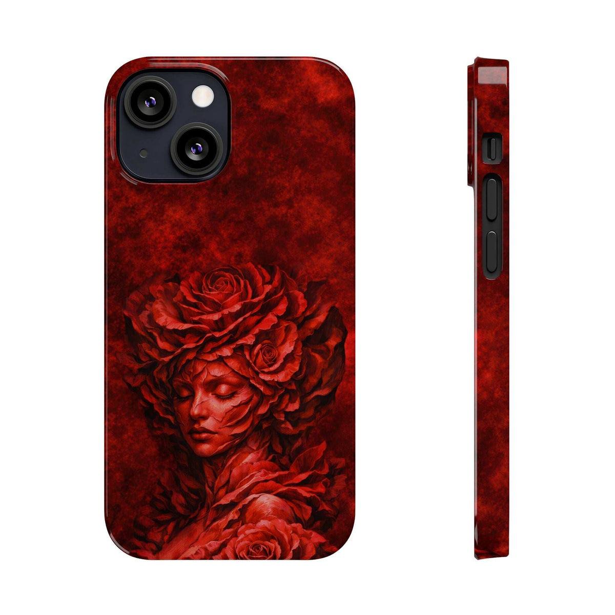 Red slim iPhone case with rose-and-woman face artwork; side profile with speaker and button openings.
