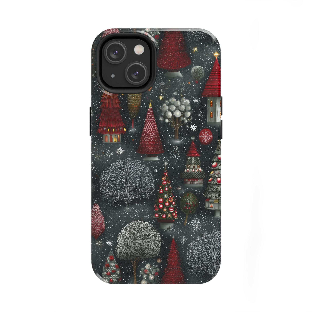 Frosted phone case with dark snowy village scene, pine trees, red houses, and ornaments